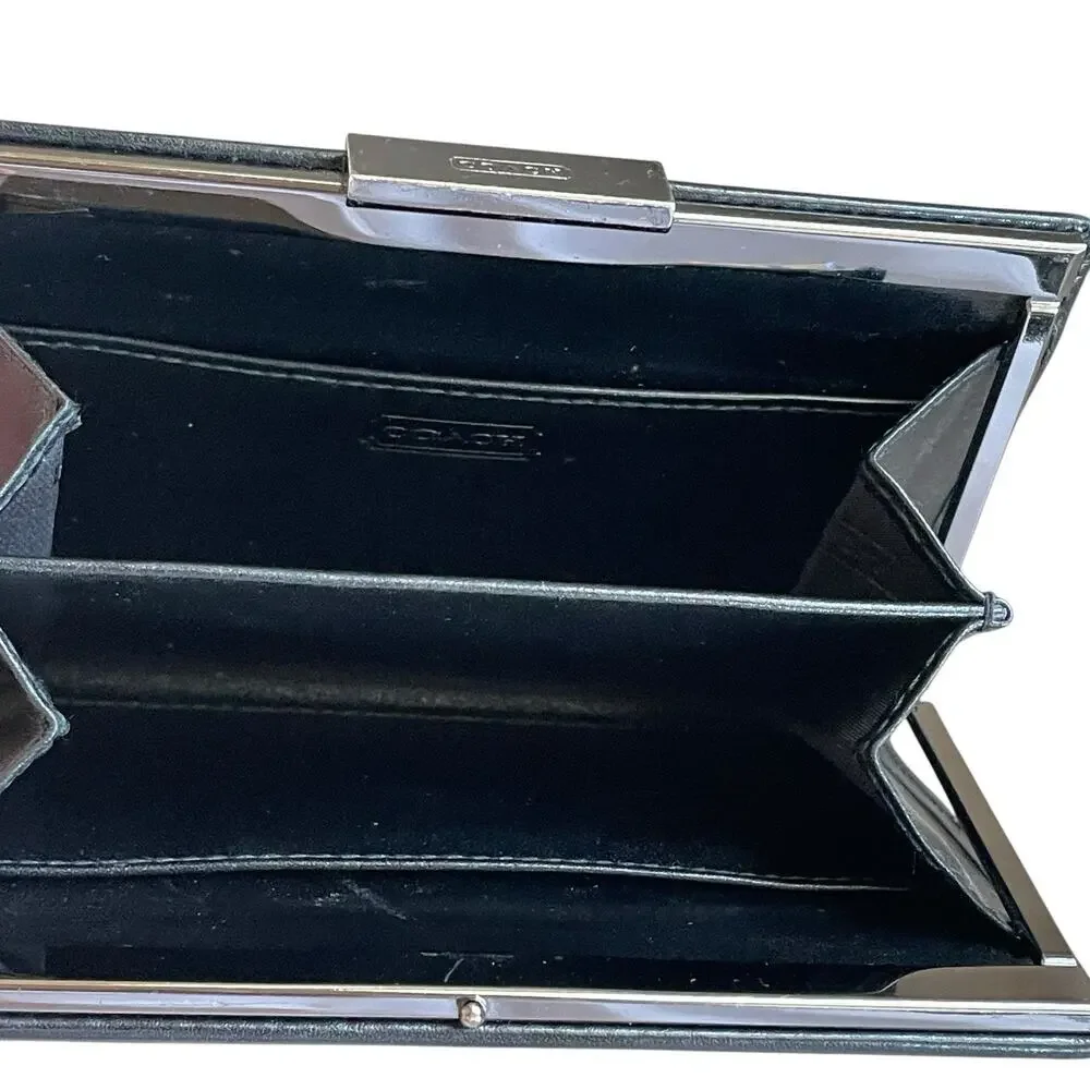 COACH Small Black Smooth Leather Silver Tone Kiss Lock Accordian-Style Wallet